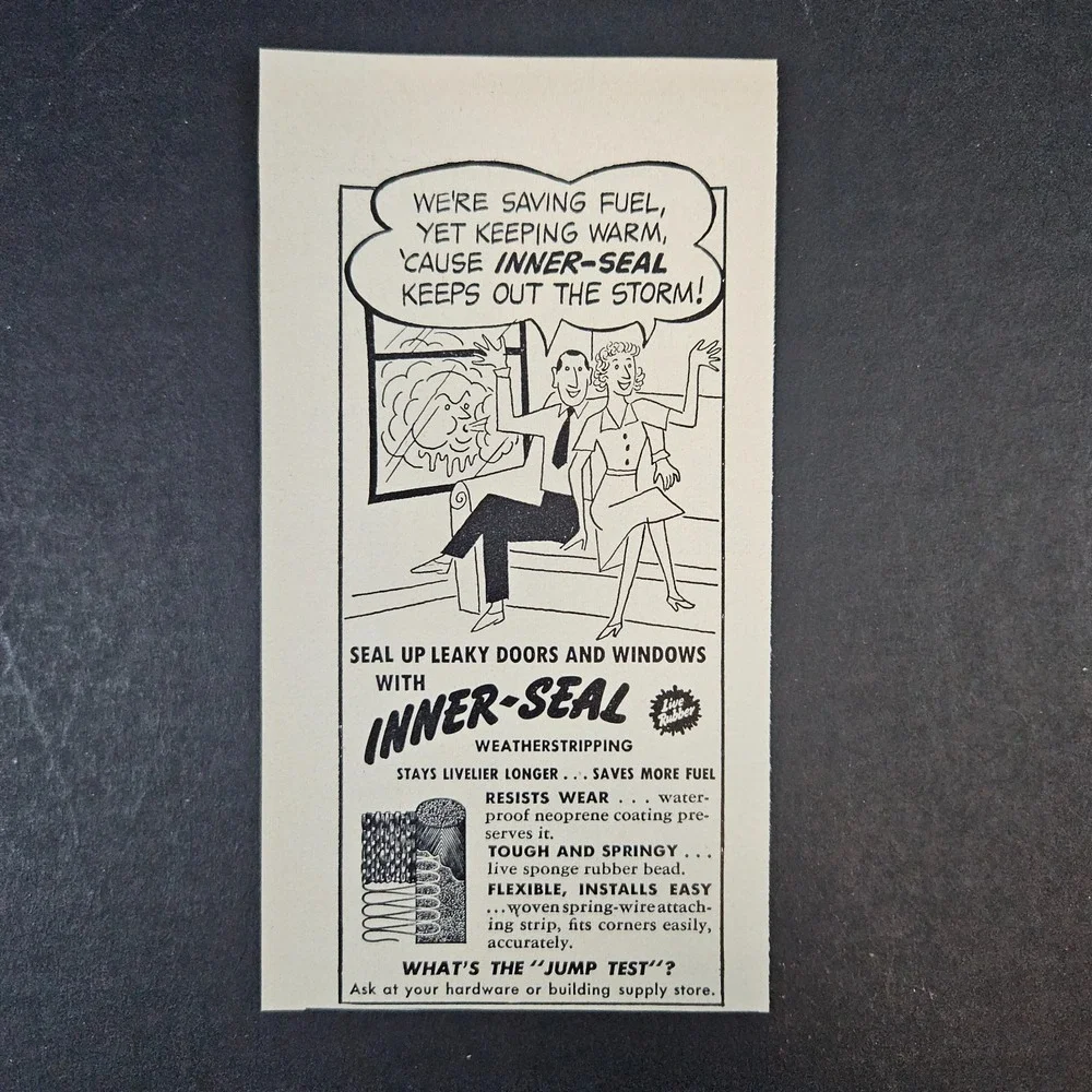 1952 Inner-Seal Live Rubber Weatherstripping Vintage Print Ad Comic Panel Art